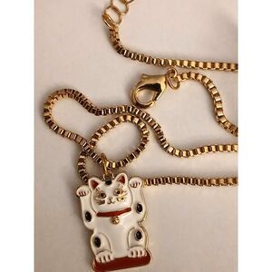 Vintage Japanese Lucky Cat Pendant, 18" Gold Tone Box Chain White Enamel Cat